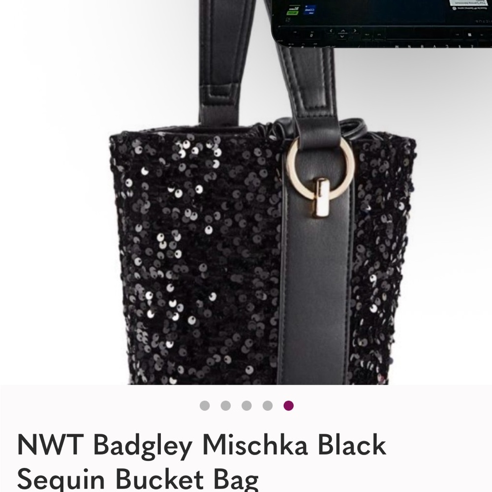 Badgley Mischka Black Sequin Bucket Bag with Gold Accents - Picture 10 of 10